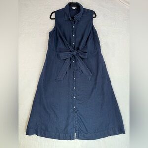 J Jill Love Linen Dress Womens XL Navy Blue Sleeveless Button Front Belted